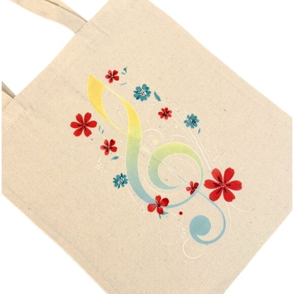 Music Note Floral Canvas Tote Bag Eco Friendly Reusable Shopping Bag Long Handle - Picture 5 of 7